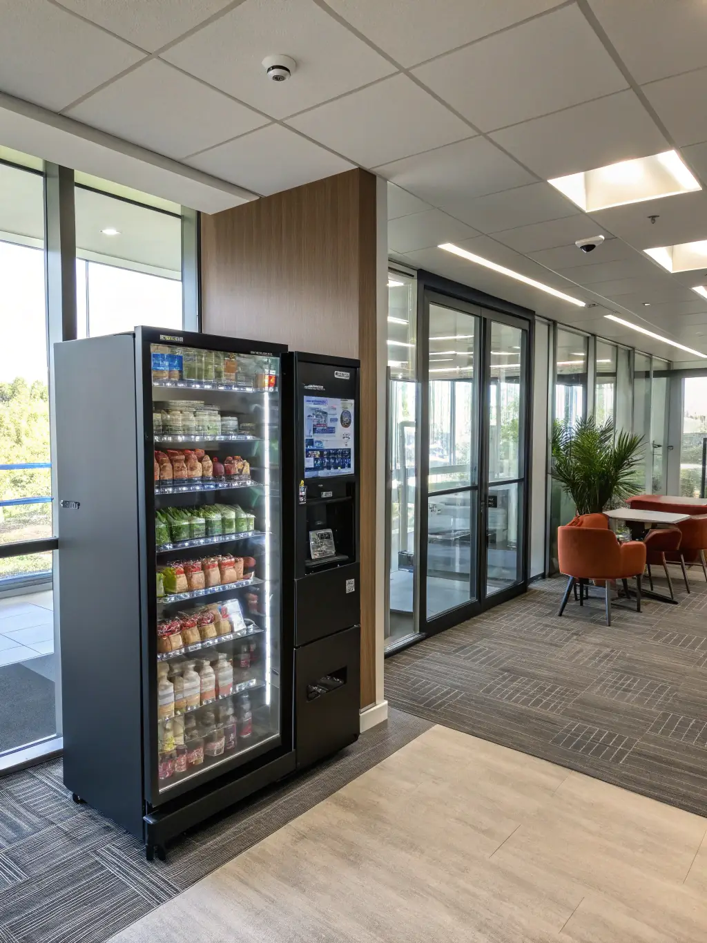 A healthy vending machine stocked with nutritious options like granola bars, fruit, yogurt, and bottled water, emphasizing health and wellness in a corporate environment.