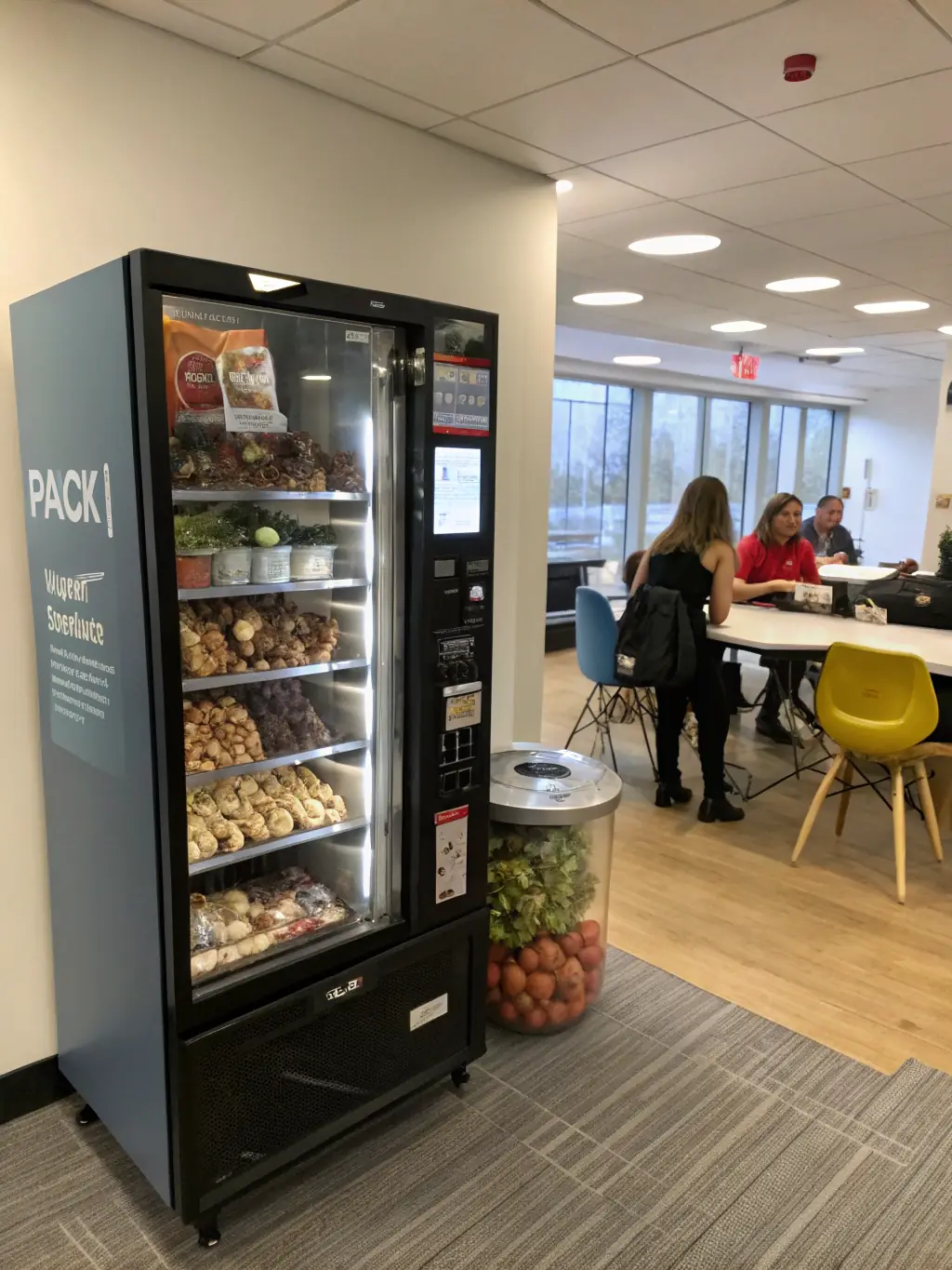 A modern, glass-front snack vending machine filled with a variety of chips, candy bars, and other snacks, brightly lit and inviting, in a clean office breakroom setting.
