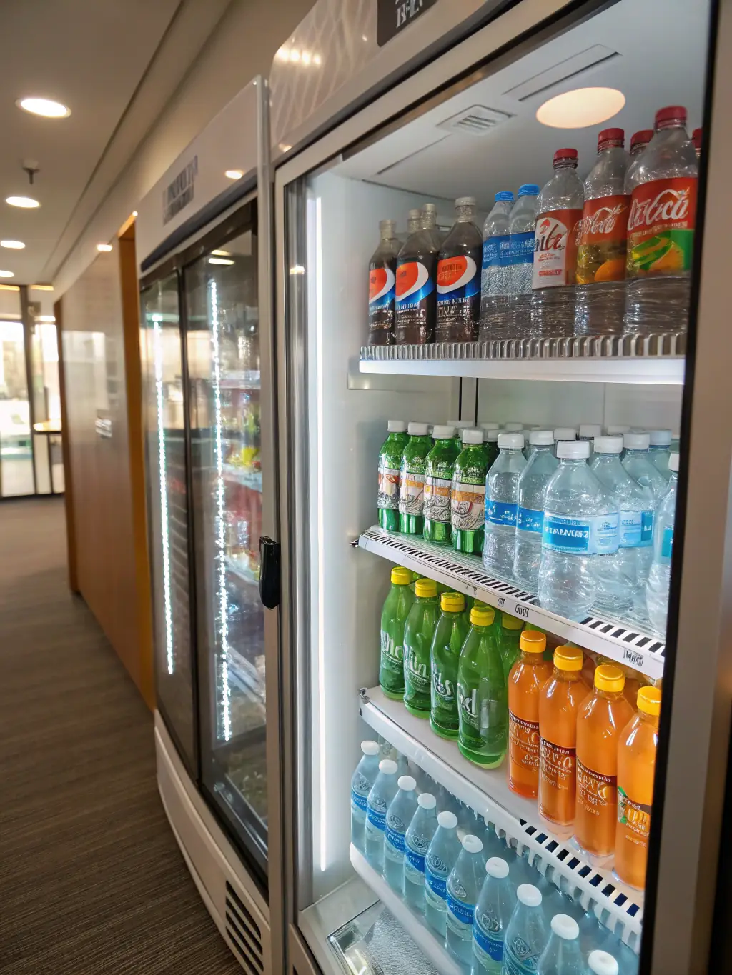 A beverage vending machine with a clear display of various sodas, juices, and bottled water, showcasing easy selection buttons and a payment system.